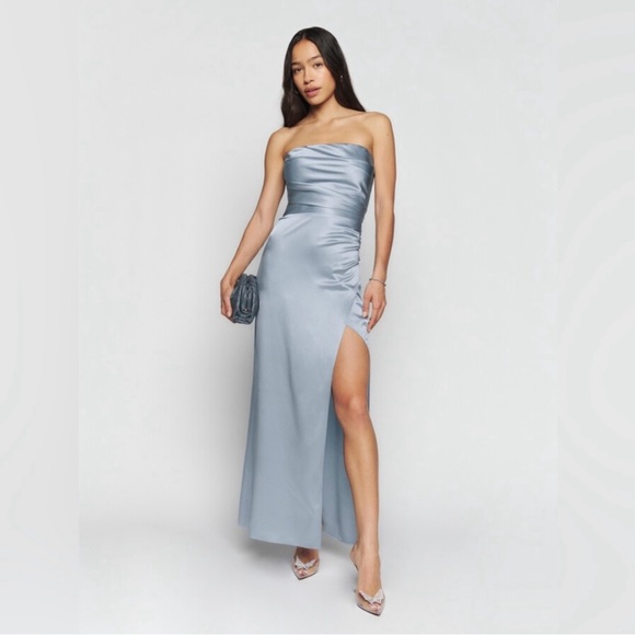 Reformation Dresses & Skirts - Reformation Barrow Silk Dress in Sky Blue Maxi Strapless High Slit Size 2